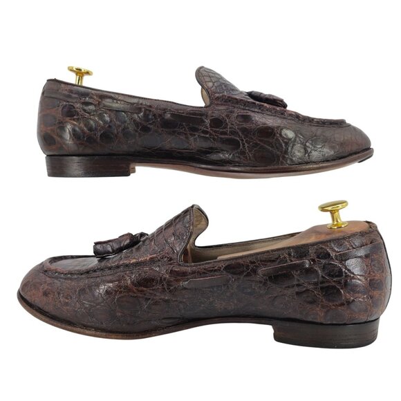 Vintage Exotic Crocodile by Paris Shoes Mens 10D Custom Made Brown Dress Loafers - Picture 9 of 12